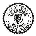 Logo rond noir et blanc pour le food truck "LE CAMION QUI GRILLE", affichant un ours rugissant et mentionnant "VIANDES A LA PLANCHA".