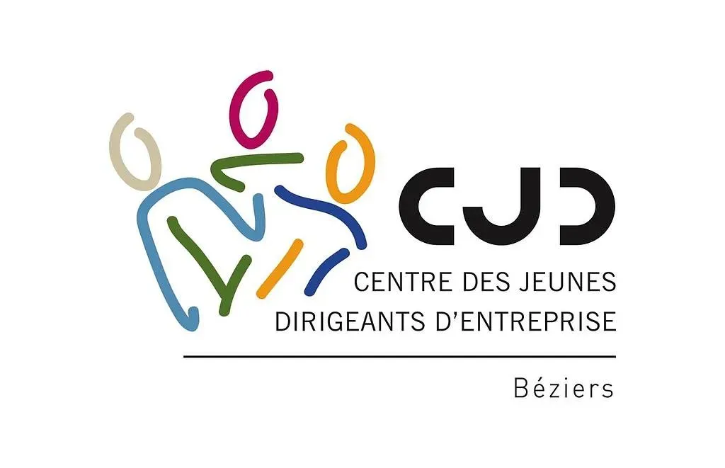 Logo CJD Béziers : initiales noires stylisées à côté de figures humaines abstraites et colorées. Texte : CENTRE DES JEUNES DIRIGEANTS D'ENTREPRISE.