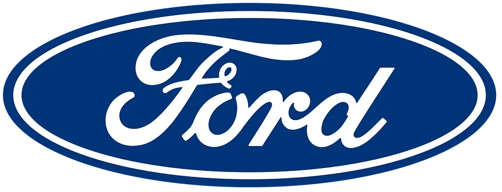 Logo ovale Ford bleu et blanc, représentant l'inscription stylisée "Ford" en lettres blanches sur fond bleu vif.