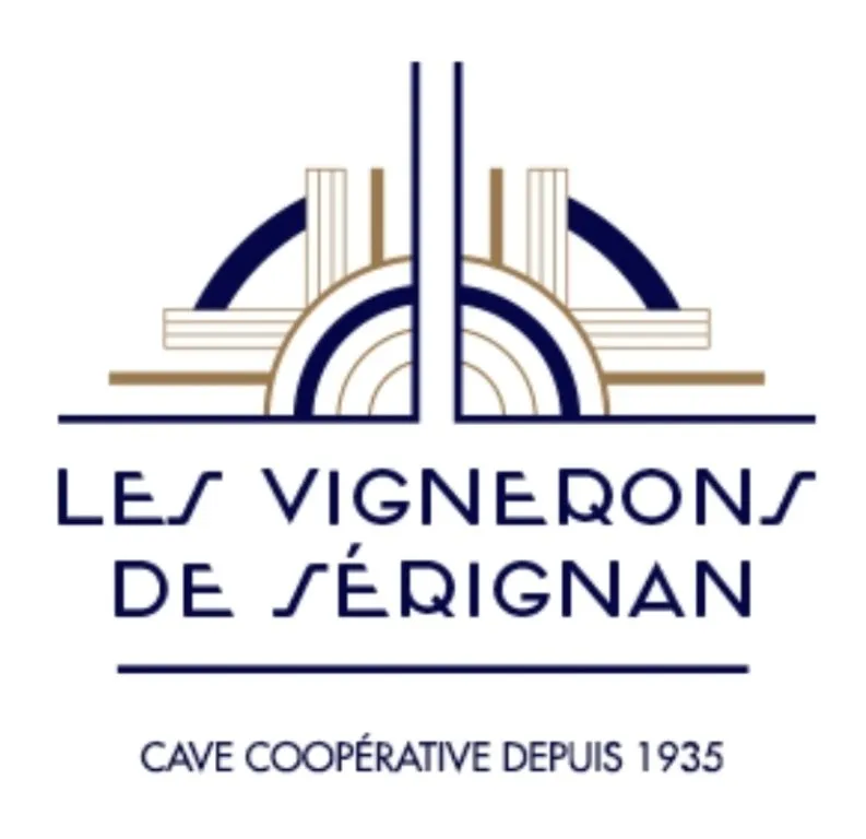 Logo Art Déco bleu marine et doré des Vignerons de Sérignan, Cave Coopérative depuis 1935.