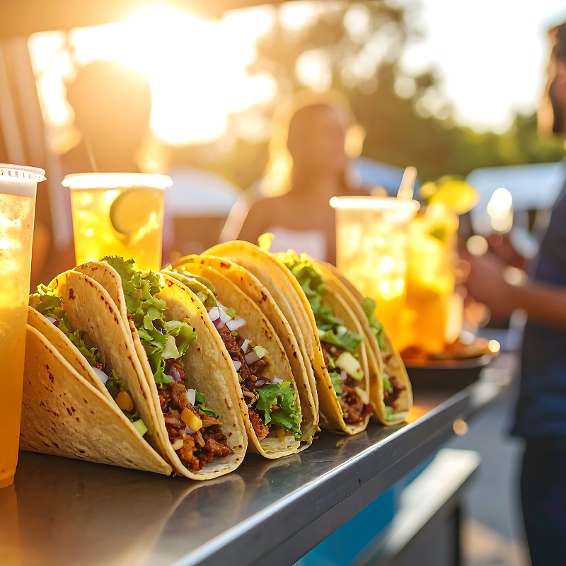 Cinq tacos croustillants garnis de viande, laitue et oignons, servis sur un comptoir avec des boissons en arrière-plan au coucher du soleil.