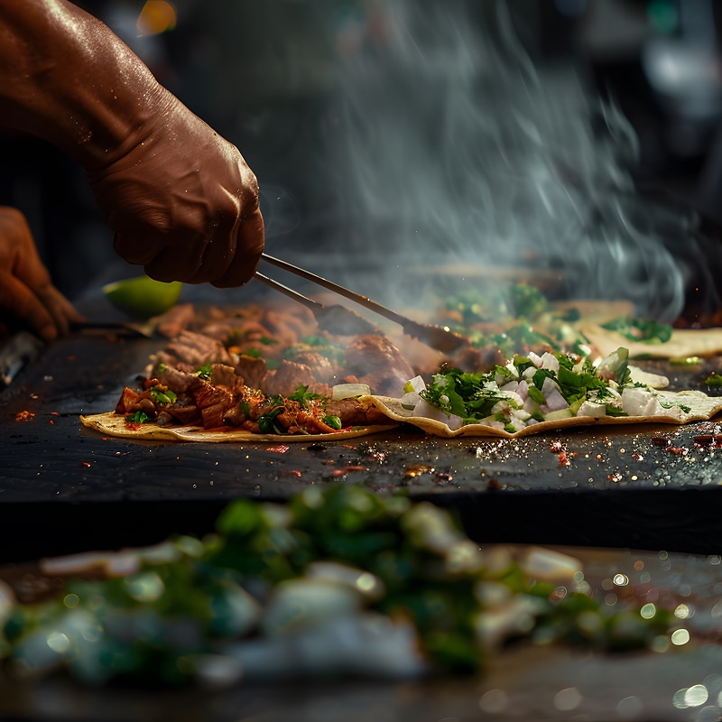 Mains saisissant des pinces pour retourner des morceaux de viande sur des tortillas chaudes avec oignons et coriandre, fumée montante.